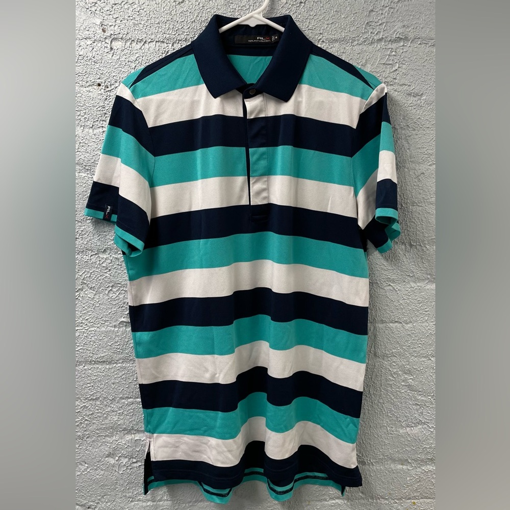 RLX Ralph Lauren Mens Performance Polo Shirt Medium Blue Teal Stripe G…